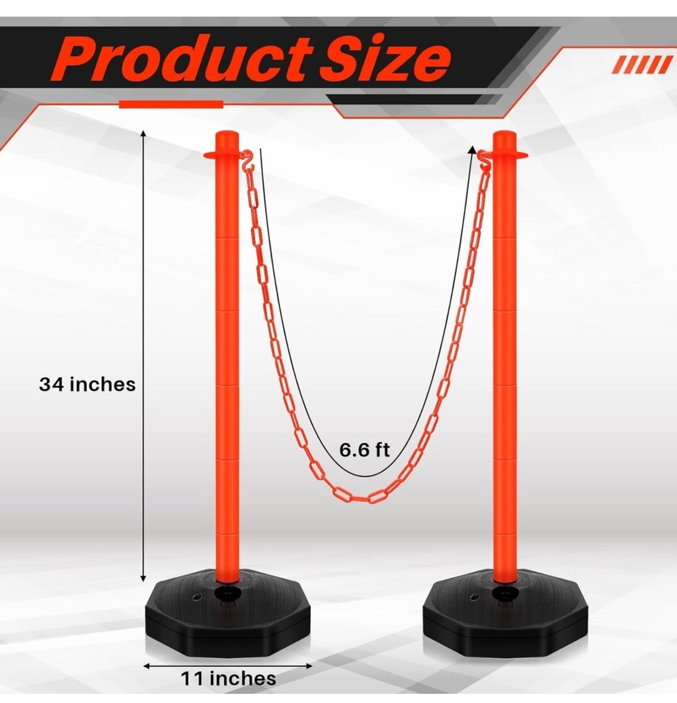 4 Pack- 34” Traffic Delineator Post Cones, Fillable Base & 6.6ft Plastic Chains