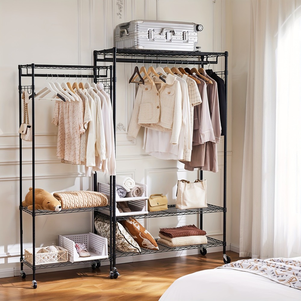 Multi-functional Wire Garment Rack Double Rods Cloth Hanging Rack for Bedroom