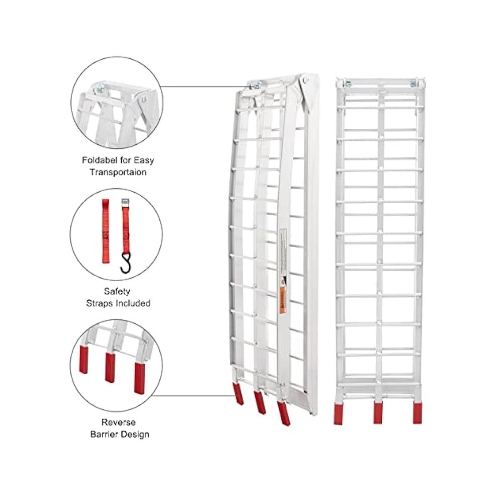 Foldable Motorcycle Loading Ramp, 7.5' Aluminum Arch, Secure with Straps