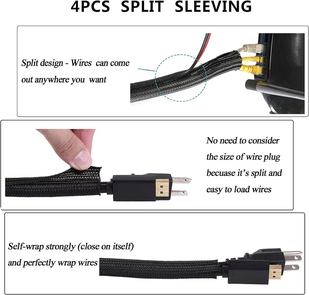 Cord Management Organizer Kit 4 Cable Sleeve Split with 41Self Adhesive Cable Cl