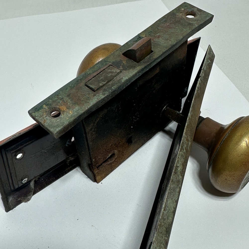 Antique 1920's Brass Lockset Lockbox Door Knobs and Faceplates