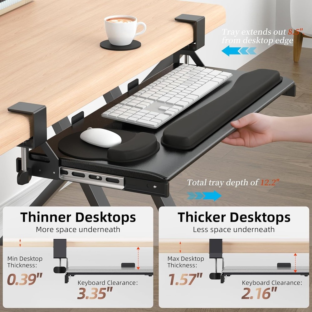 Space-Saving Adjustable Keyboard Tray with Wrist Support & Easy Clamp Attachment