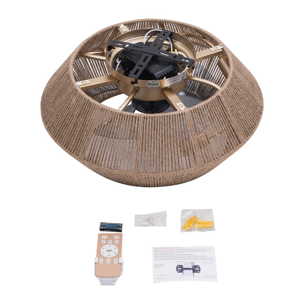 Rattan Caged Flush Mount Fan Light +Remote Control Ceiling Fan Boho Ceiling Fan