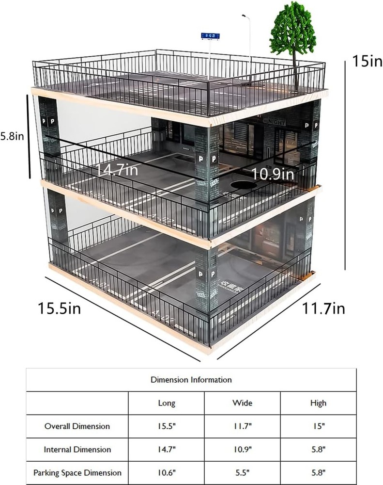 1:18 scale three-story model car display case with parking scene
