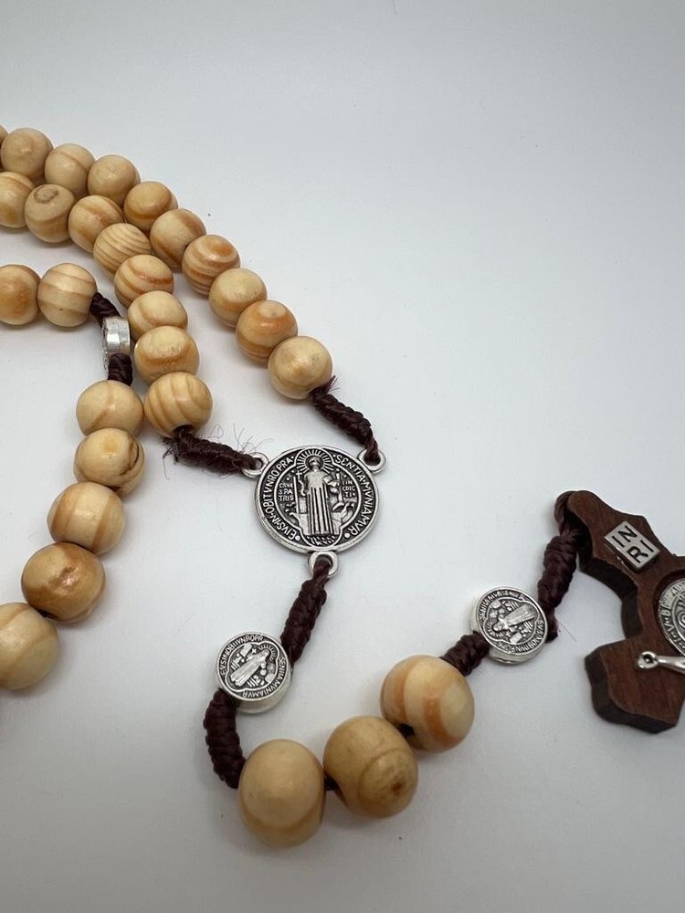 Brown Wooden Rosary with Saint St Benedict with Beautiful Rhodium Details