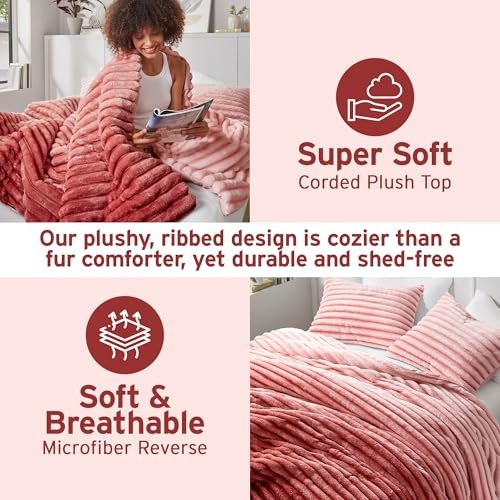 Queen Comforter Set, Plush Bedding, Microfiber Reverse, Full/Queen Blush Ombre