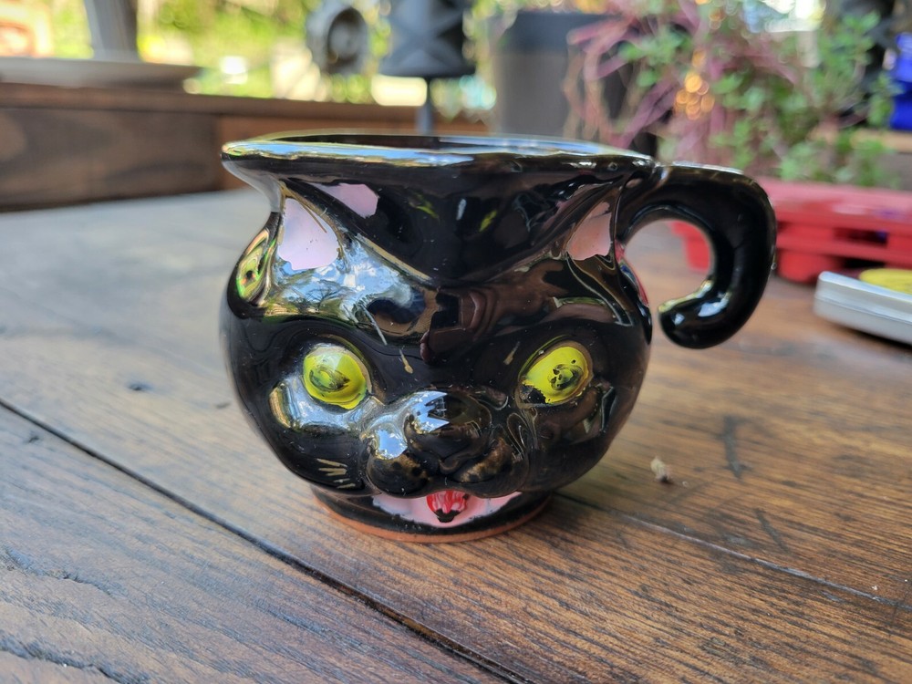 Vintage Black Cat Pitcher Handpainted