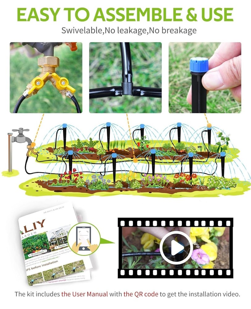 Durable 100ft Drip Watering Kit - Brass Splitter Designed for Garden Versatility