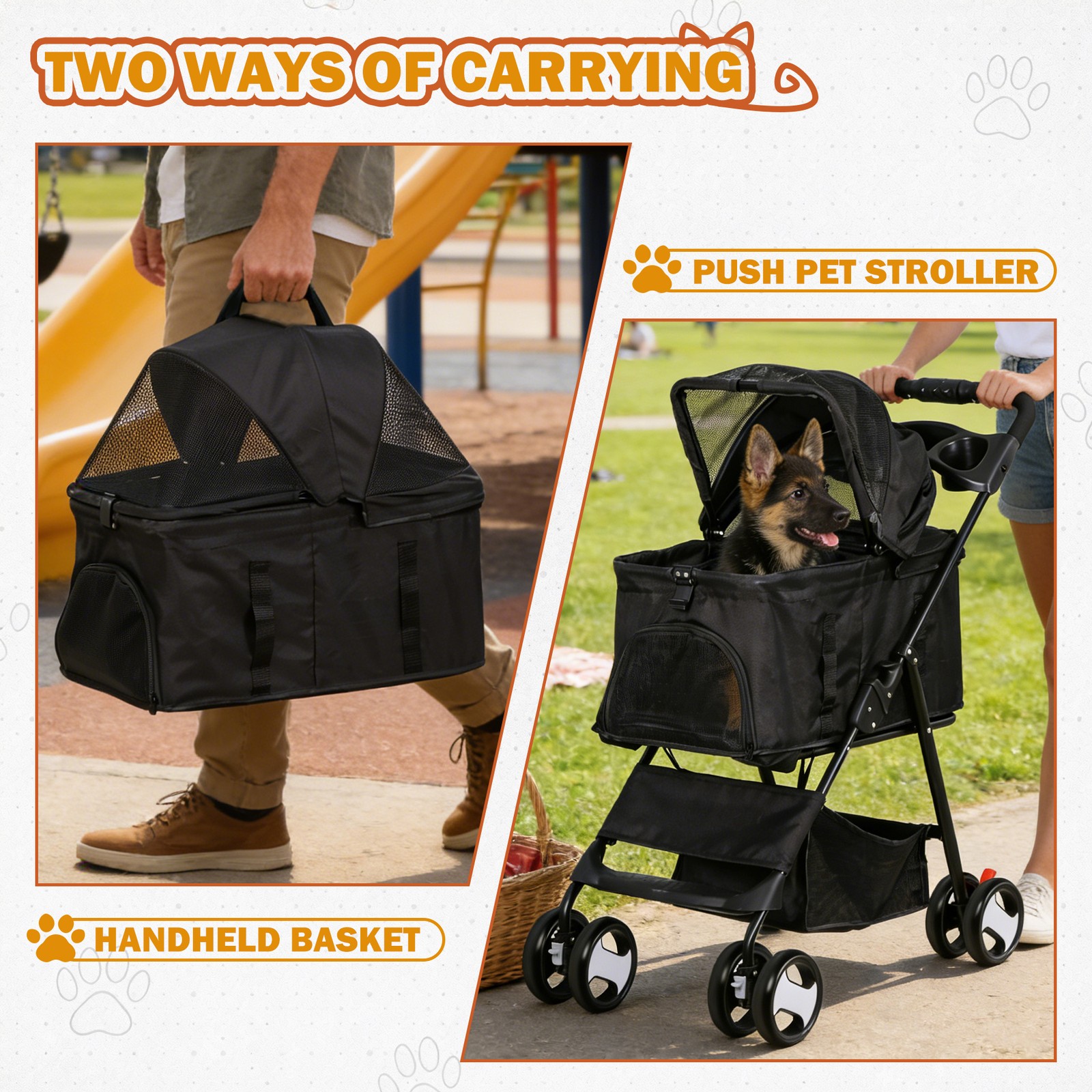 Pet Stroller Foldable Dog Cat Jogger Stroller w/4 Wheels Detachable Basket Black