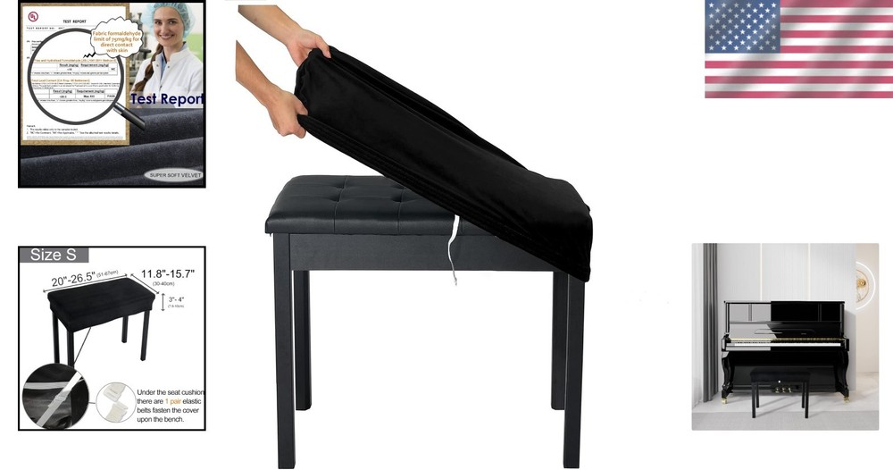 Modern Small Velvet Stool Cover - Rectangular Piano Bench Protector, Black