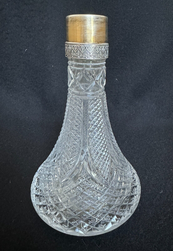 Soviet Kiev Cut Crystal 875 Silver Collar Decanter