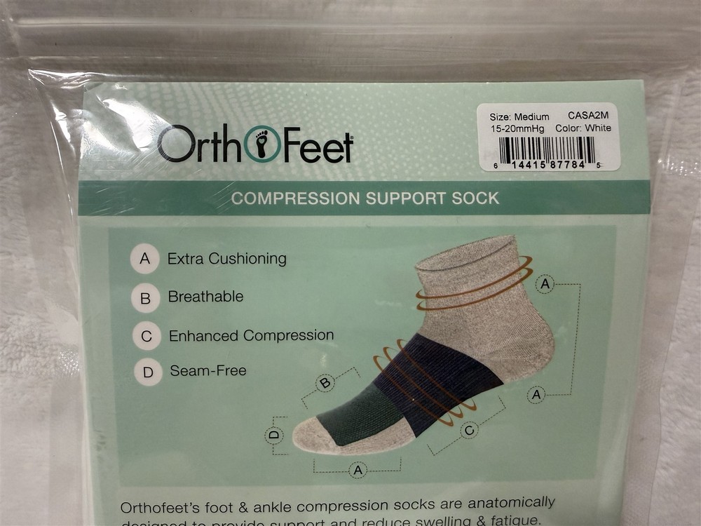 ORTHOFEET SIZE MEDIUM COMPRESSION SUPPORT SOCK WHITE 15-20mmHg