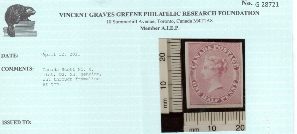 Canada #8 Mint Fine Never Hinged **With Certificate**