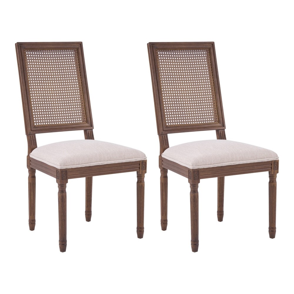 Set of 2 Rustic Upholstered Dining Chairs with Rattan Back & Solid Wood Frame