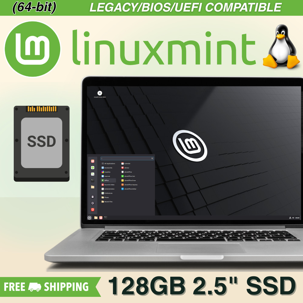 Linux Mint Latest Cinnamon 128GB SSD 2.5" Latest Version Installed (BIOS) 64-Bit