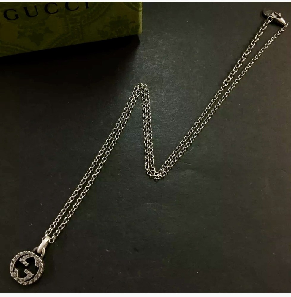 Authentic GUCCI Arabesque Interlocking G Silver 925 Pendant Necklace