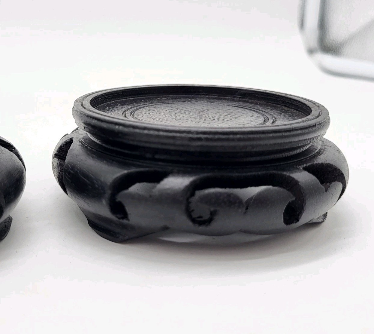 2 Vtg Chinese Carved Black Wood Bowl Pot Vase Display Stands Base Ornate WOCO