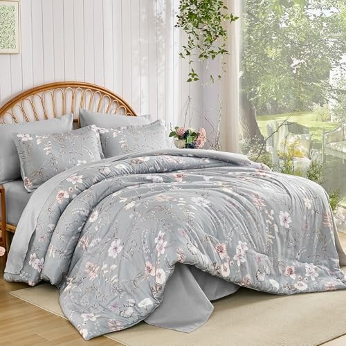 Comforter Set Botanical Floral Bedding Comforter Sets Size for All Queen Grey