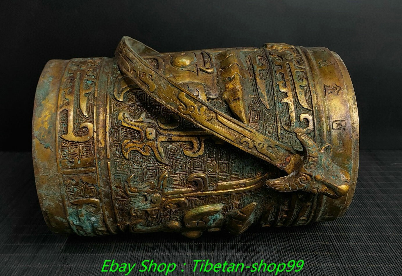 11.8''Old Bronze Ware Gilt Inscription Beast Face Container Portable Bottle
