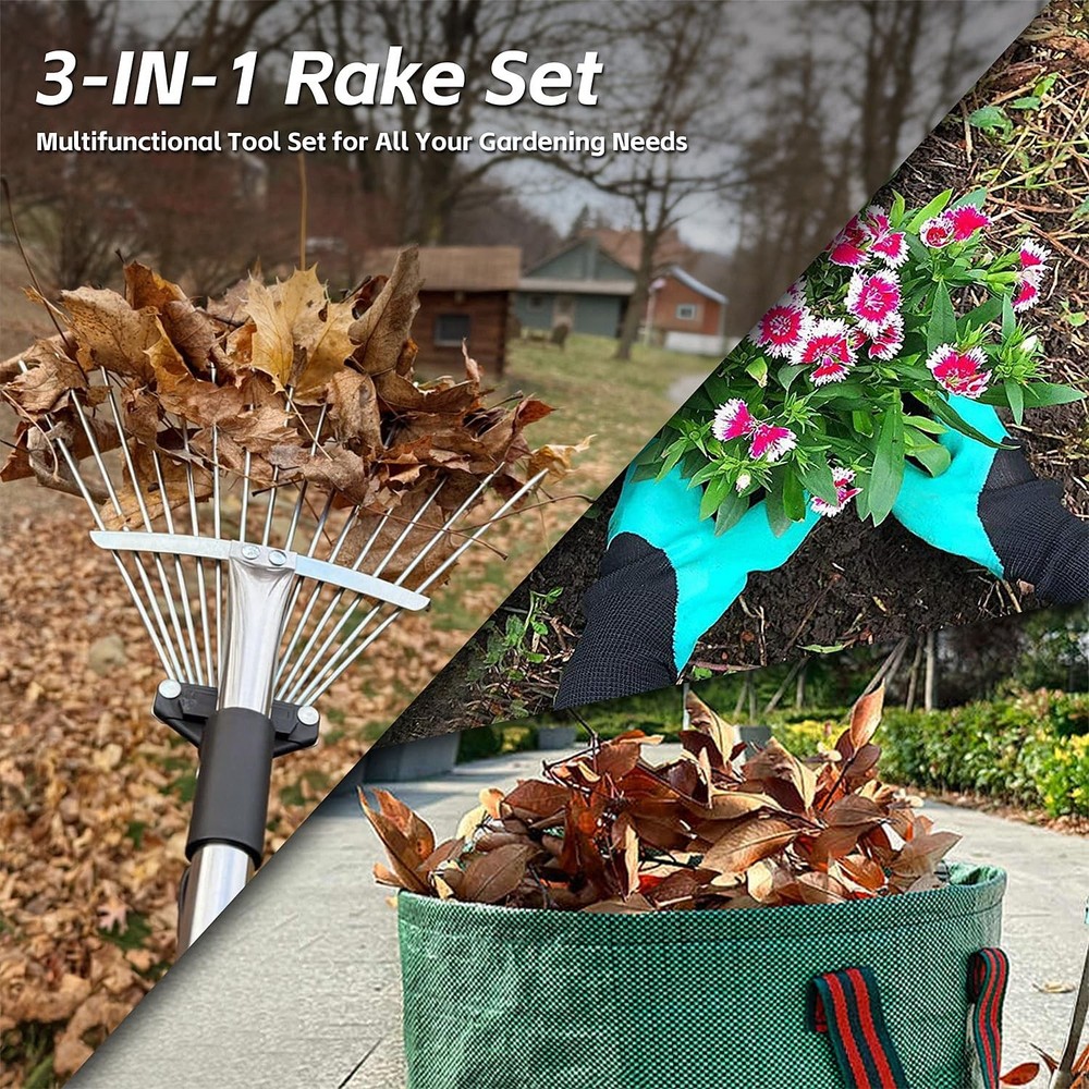 Adjustable Garden Leaf Rake for Leaves 68 inch Tools Set, silvery