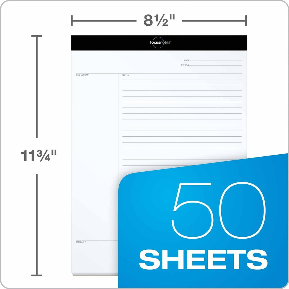 50 Count White FocusNotes Writing Pads Cornell Note Taking System 8.5x11