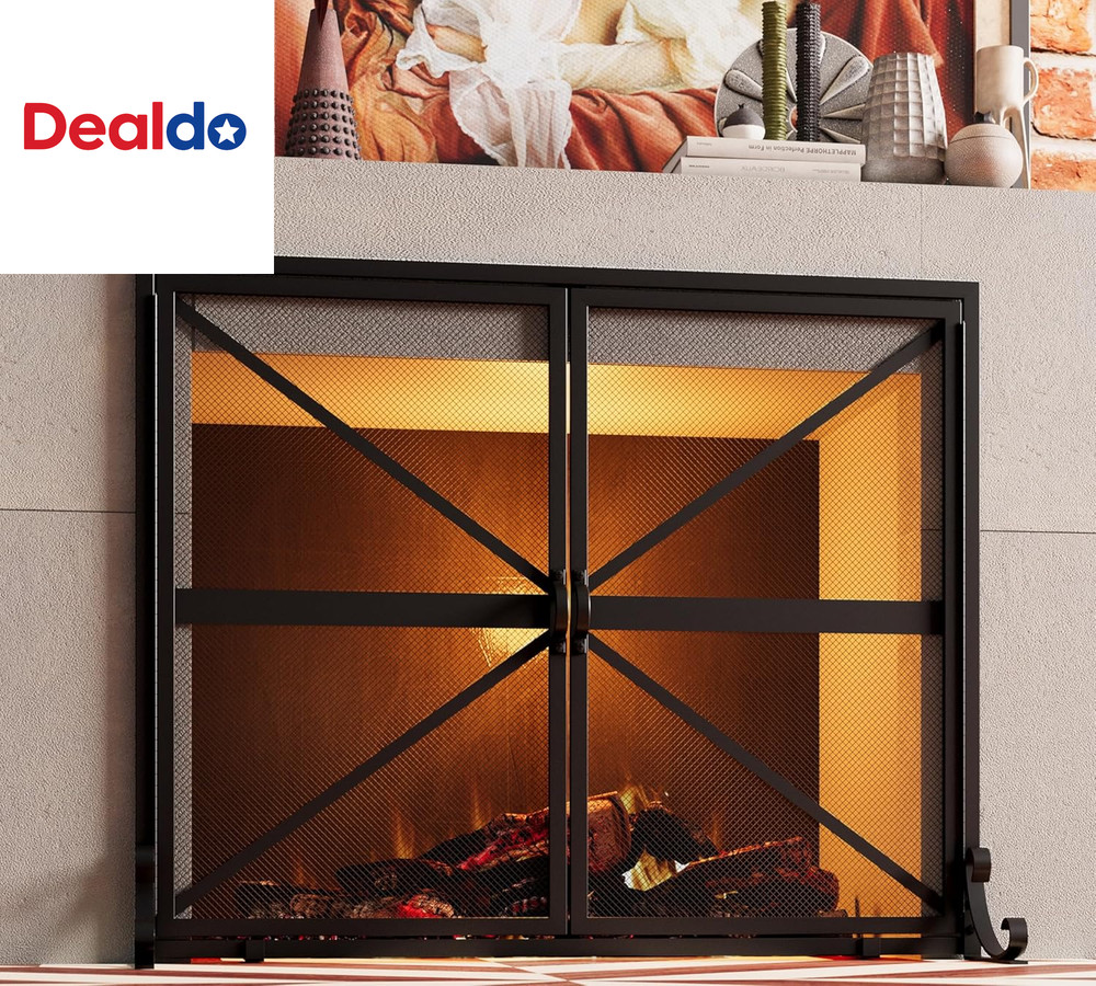 Fireplace Screen with Doors, 2-Pannel Handcrafted Solid Wrought Iron Decorative