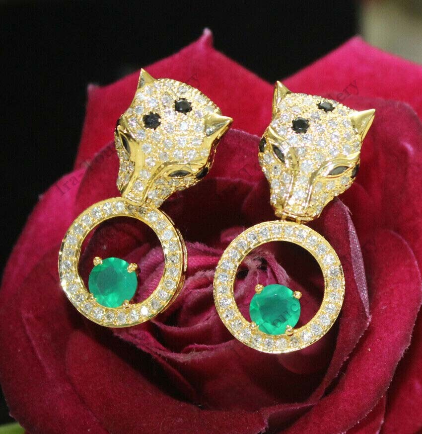 3ct Green Emerald Lab Created 14k Solid Gold Plated Panther Dangle Earrings