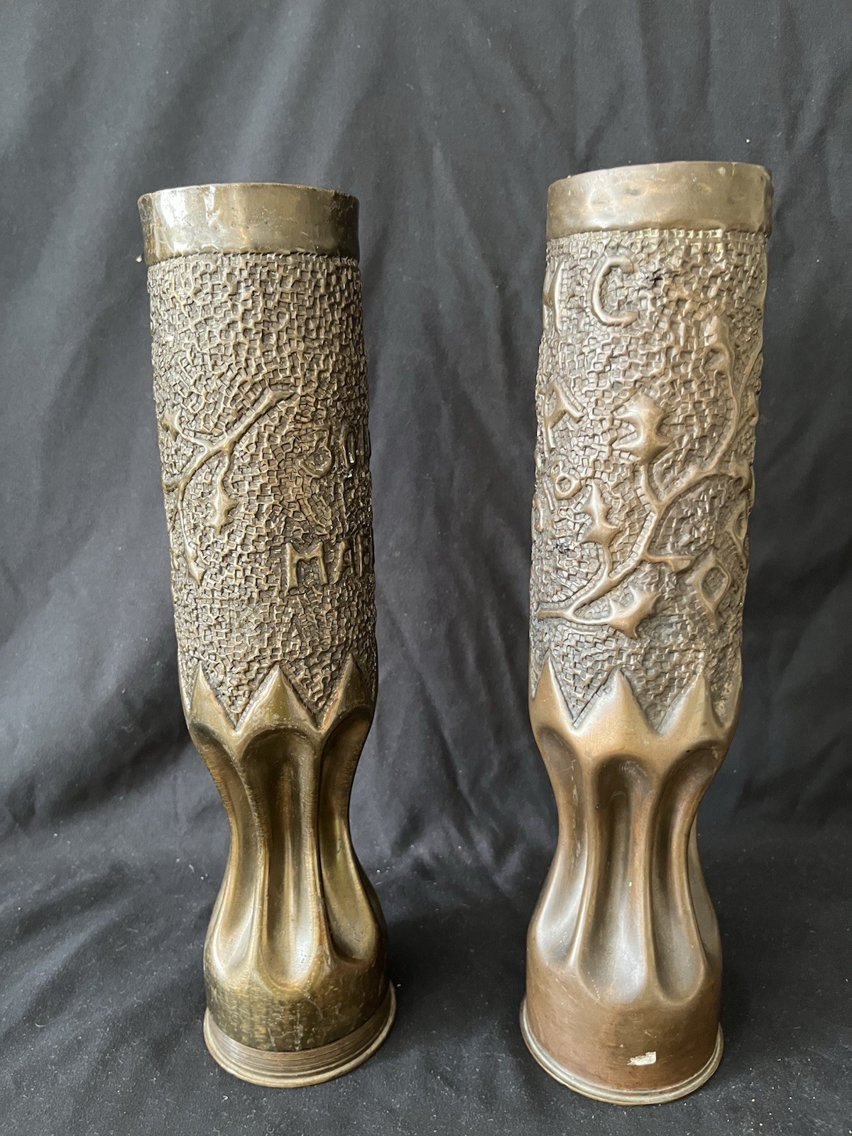 Pair Highly Decorated Dated 1918 WW1 Trench Art Brass 75MM