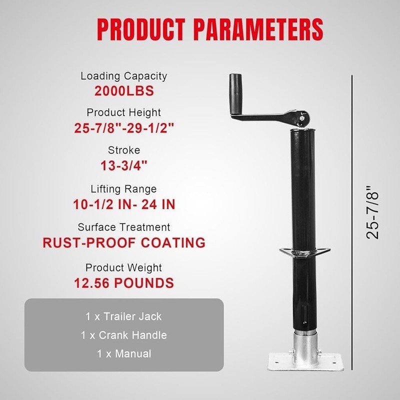A-Frame Trailer Jack 2000 lb Lift Capacity Adjustable Height Top Wind Handle New