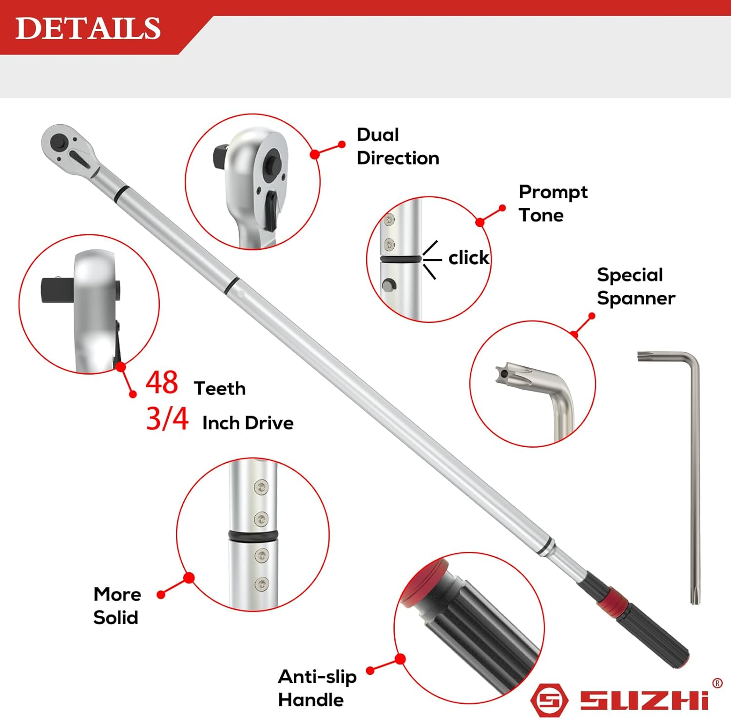 3/4 Inch Drive Click Torque Wrench 100-600 Ft Lb Dual Direction Adjustable Pro