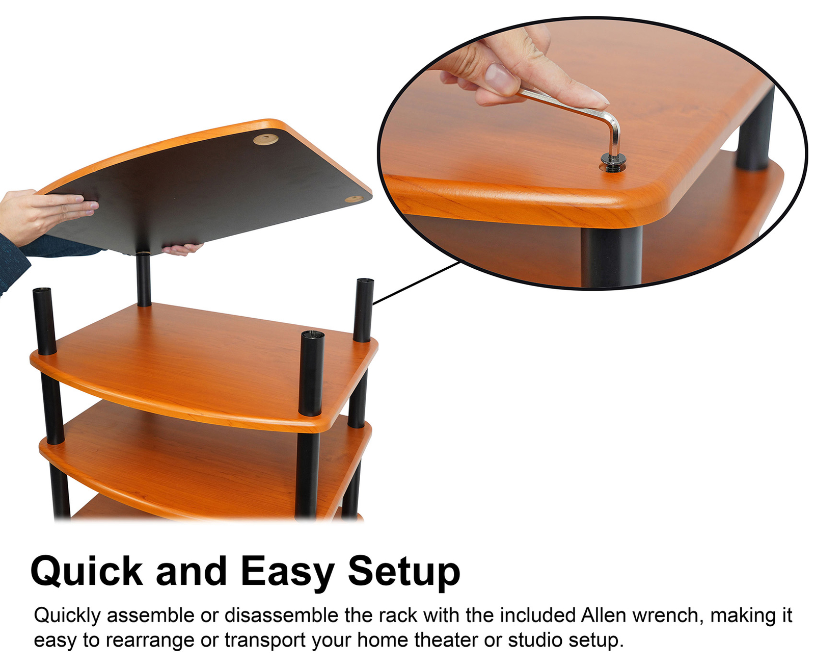 Rockville FLX Classic Wood Adjustable Height 4 Shelf Home Theater A/V Rack Stand