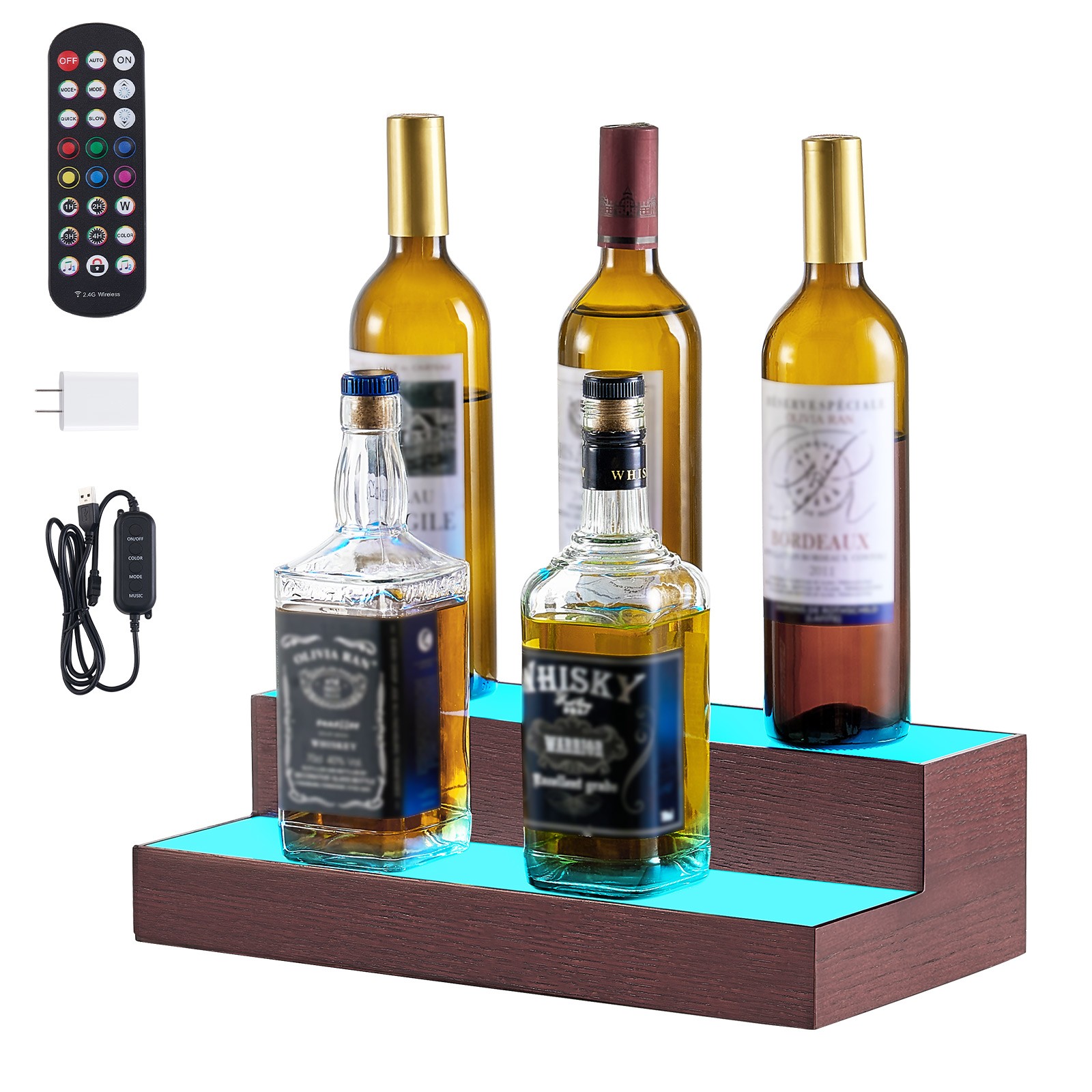 VEVOR LED Lighted Liquor Bottle Display 2-Tier 16 Inch Rack for 8 Bottles