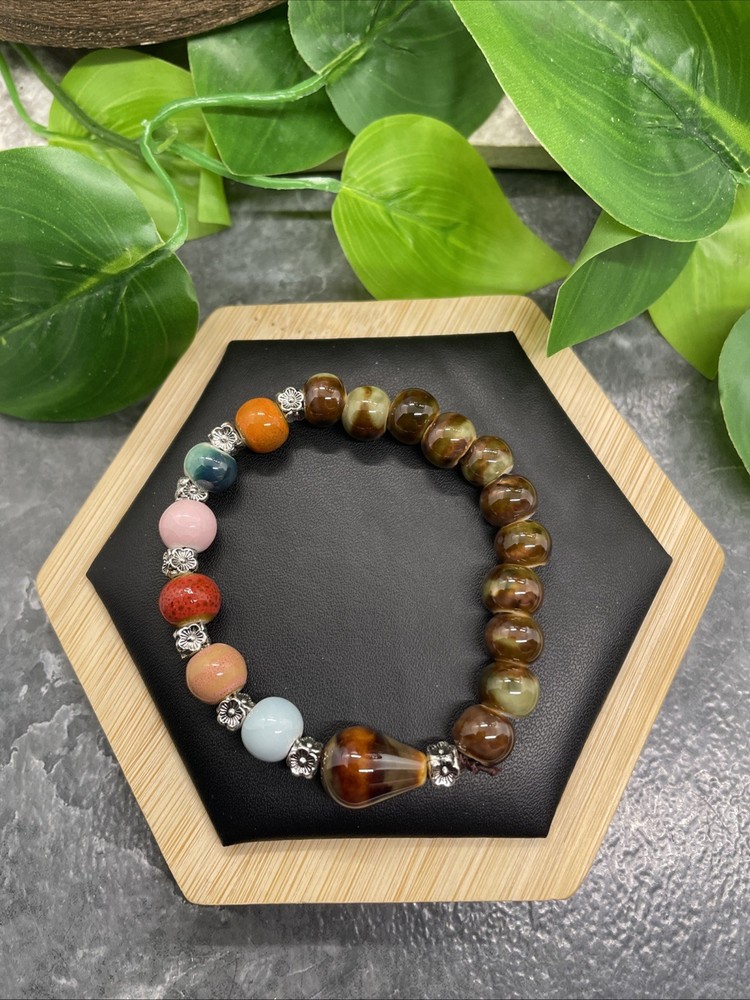 Handmade Ceramic Bead Beaded Stackable 6” Plus Stretch Bracelet New B249