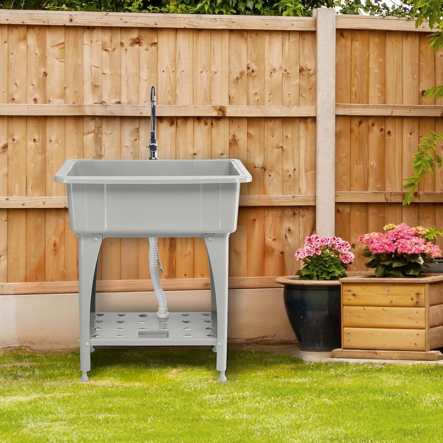 20-Gallon Plastic Utility Sink with Hot & Cold Faucet and Upgraded Height Grey