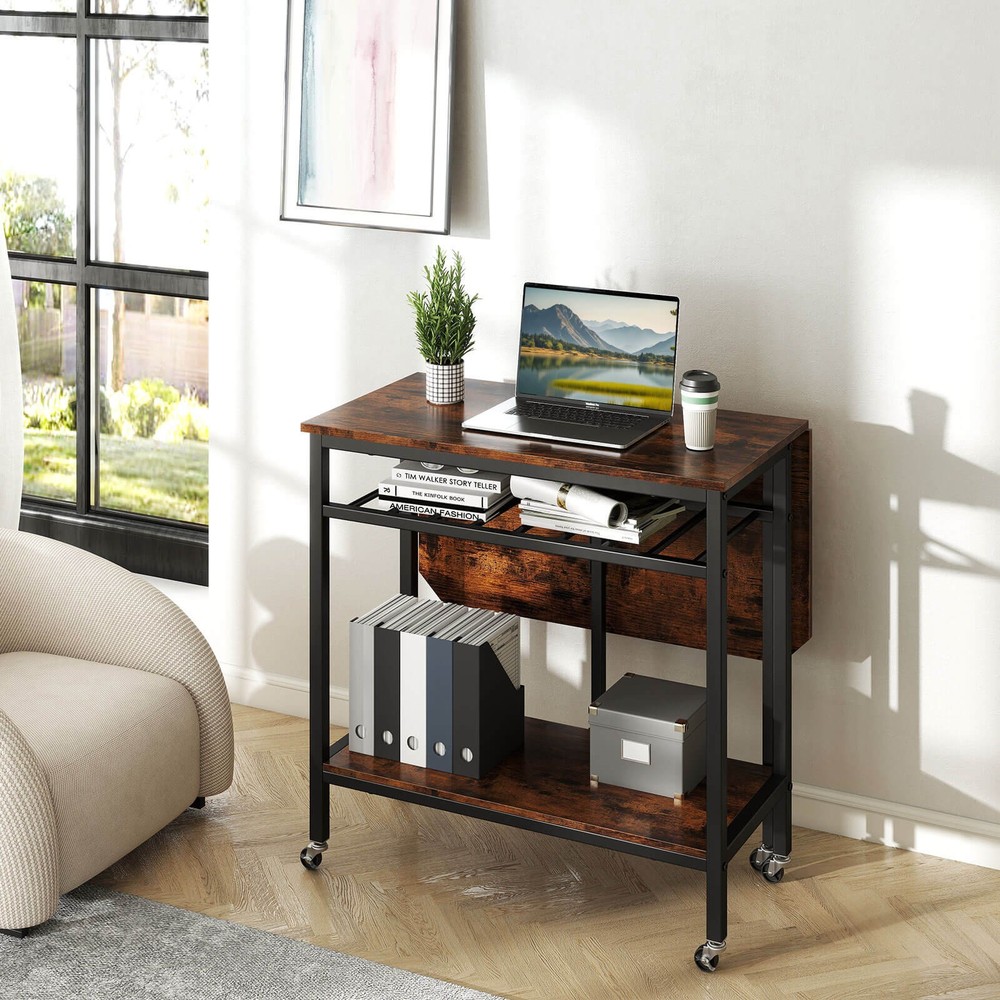 Folding Dining Table Movable Kitchen Table with Wine Rack Storage Shelf & Wheels