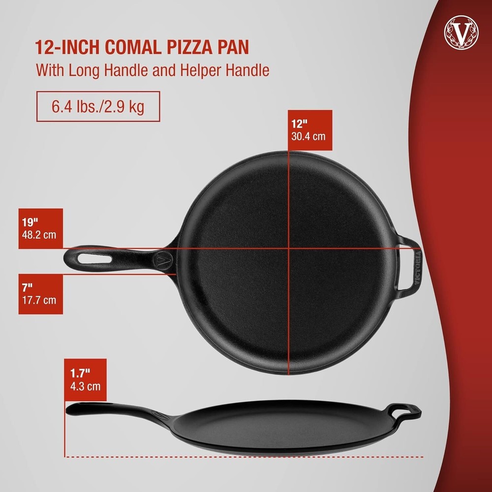 12-Inch Cast-Iron Comal Pizza Pan with a Long Handle and a Loop Handle