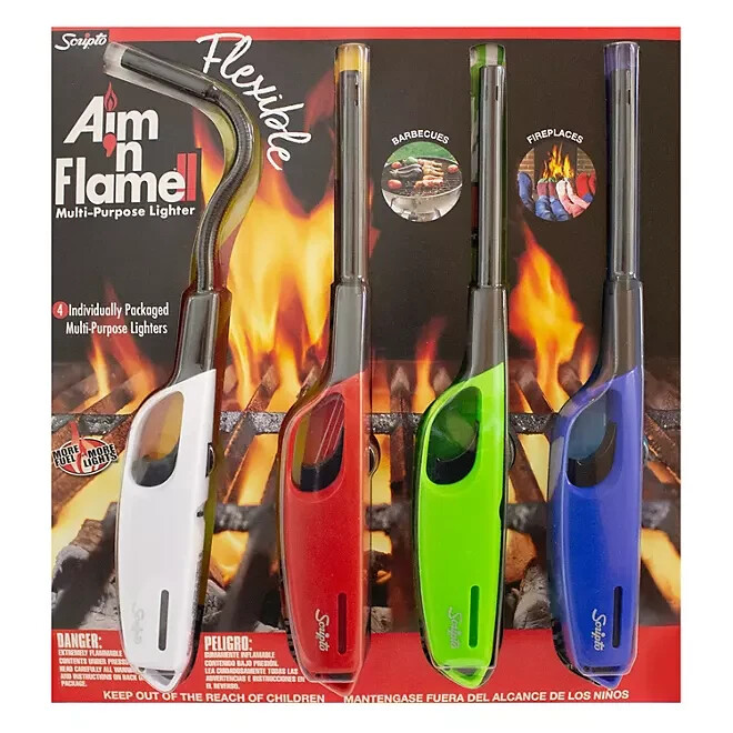 SCRIPTO Multi-Purpose Lighter BBQ, Camping, Grill Fireplace Random Color 4-Count