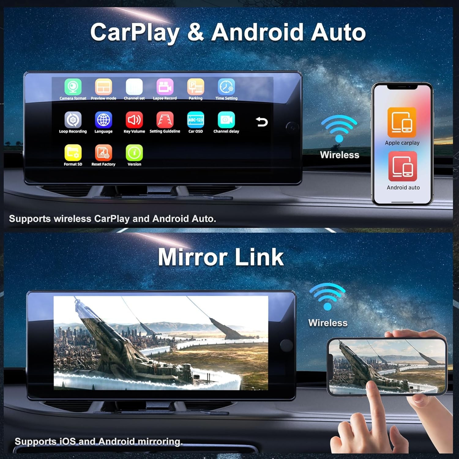 Wireless CarPlay Screen 10.36" for Car & 4K 4CH Dash Cam with Android Auto