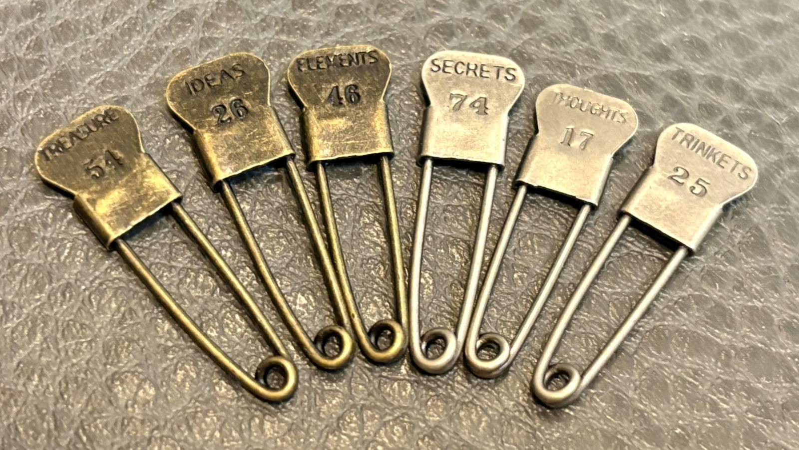 Vintage Small Safety Pins Blank Brass & Silver Tone With Words & Numbers Antique