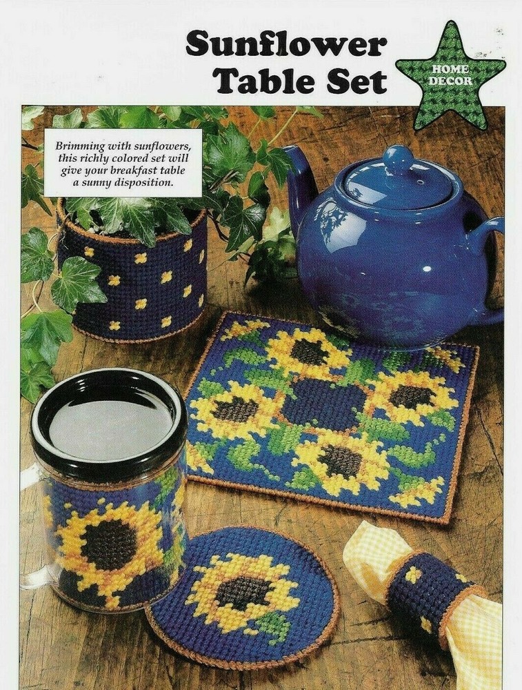 NEW SUNFLOWER TABLE SET COASTER HOME DECOR PLASTIC CANVAS PATTERN INSTRUCTIONS