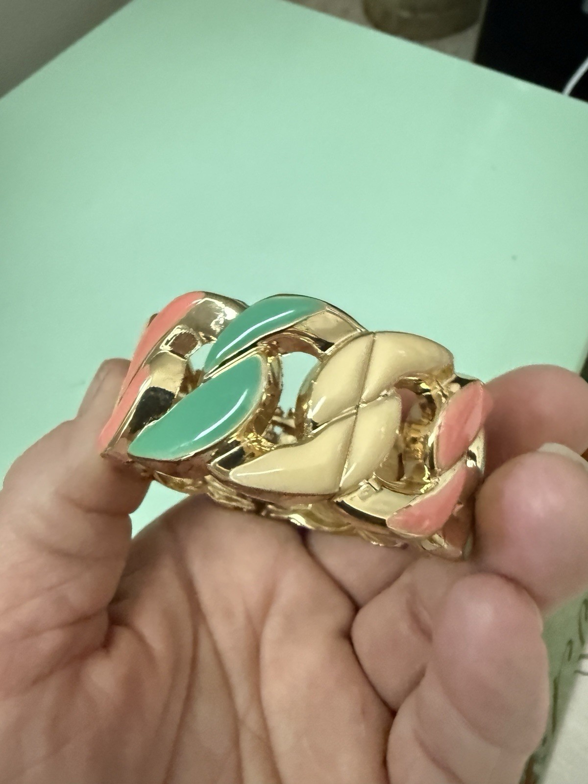 Vtg. Bracelet Gold Tone Enamel Hinged Clamp Openwork Spring colors