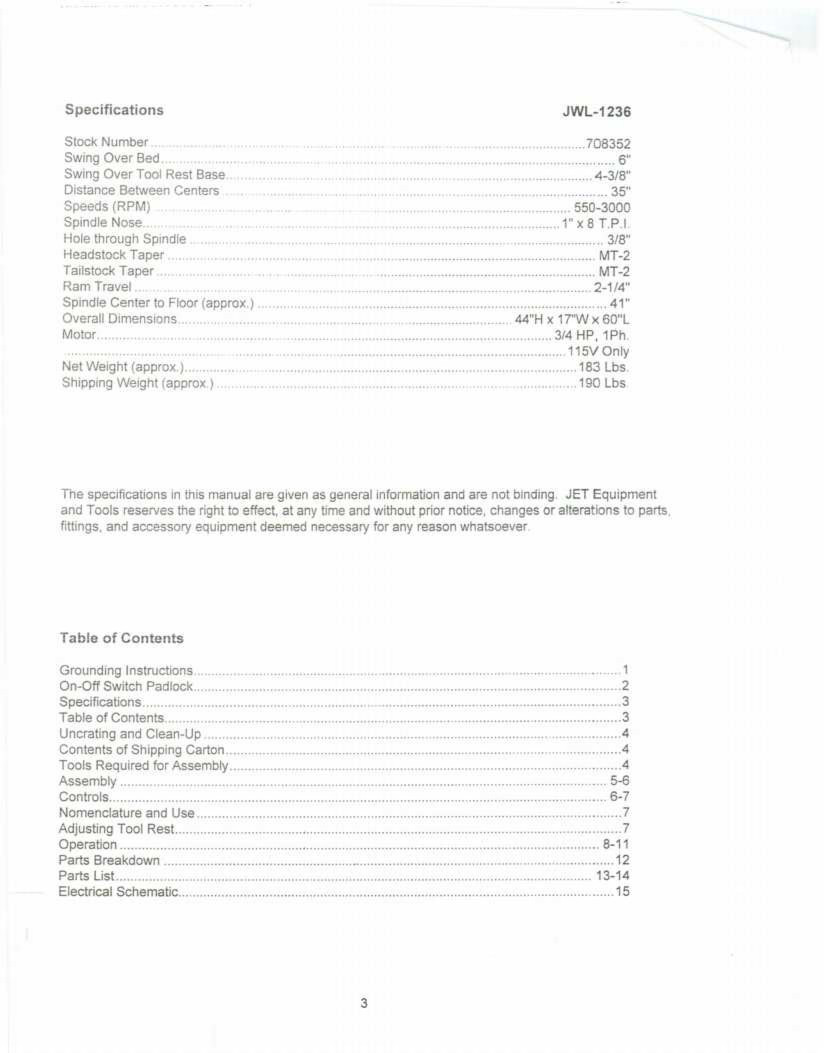 Jet JWL-1236 Wood Lathe Operators Manual *193