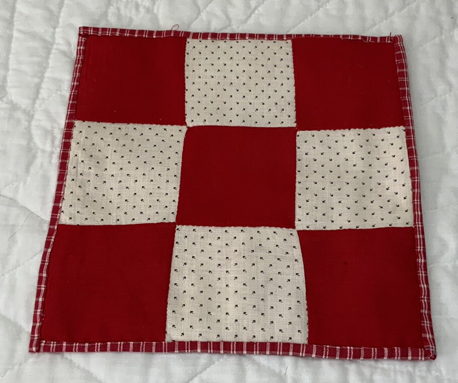 Vintage Antique Patchwork Table Topper, Nine Patch, Early Calicos, Red, White