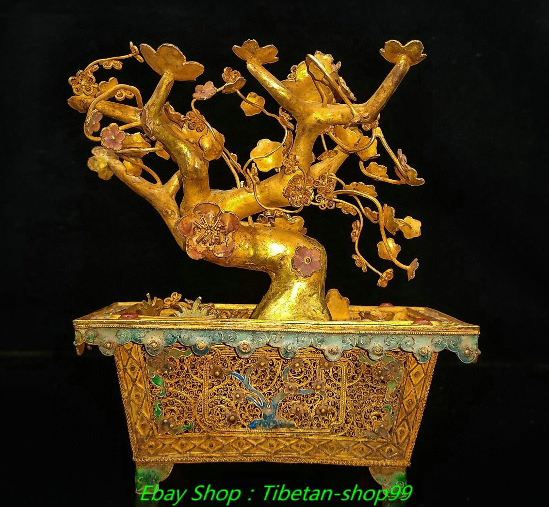 6.3"Old Pure Silver Gilt Cloisonne Enamel Plum Tree Flower Pot Bonsai Statue