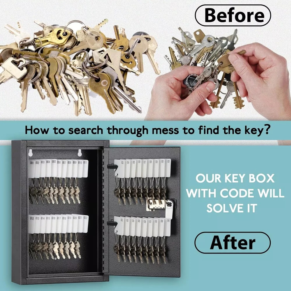 Locking Key Cabinet, 40 Key Storage Lock Box with Code, Key Box Wall Mo