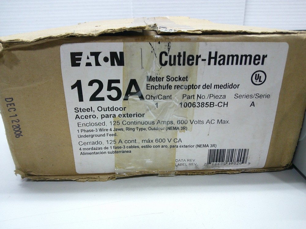 Eaton 125A Meter Socket 1006385BCH Solid Top 600V Rating