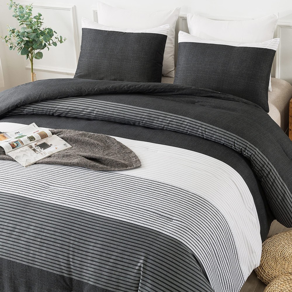 Andency Black Comforter King Size, 3 Pieces Black White Gray Patchwork Stripe...
