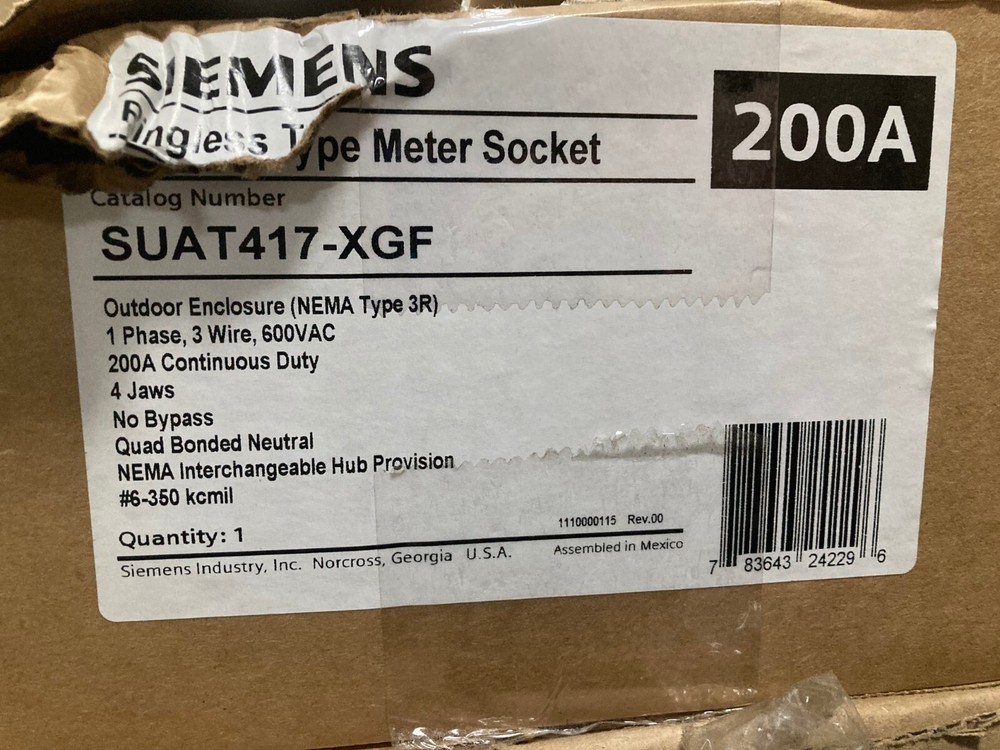 Siemens Ringless Meter Socket 200 AMP with Barrel Lock SUAT417‑XGF