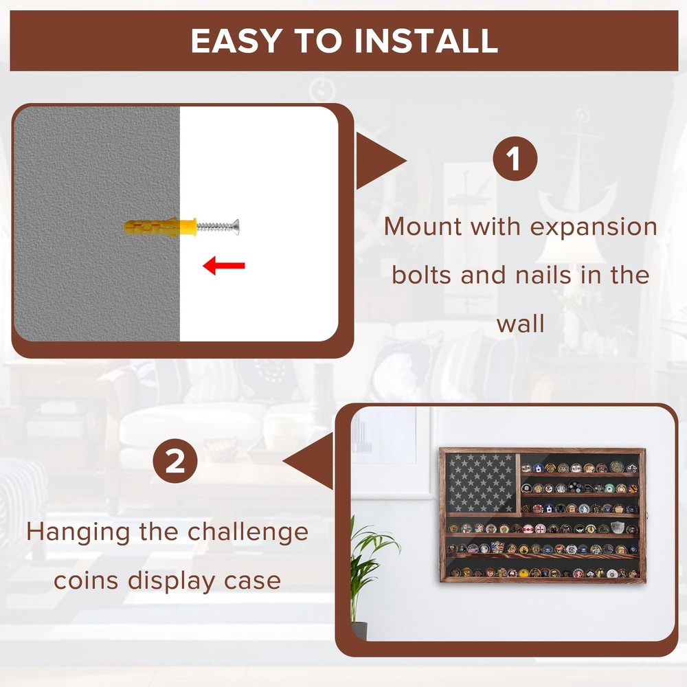 MOCAS Challenge Coin Display Case Lockable Solid Wood Wall Mount Holder Removabl