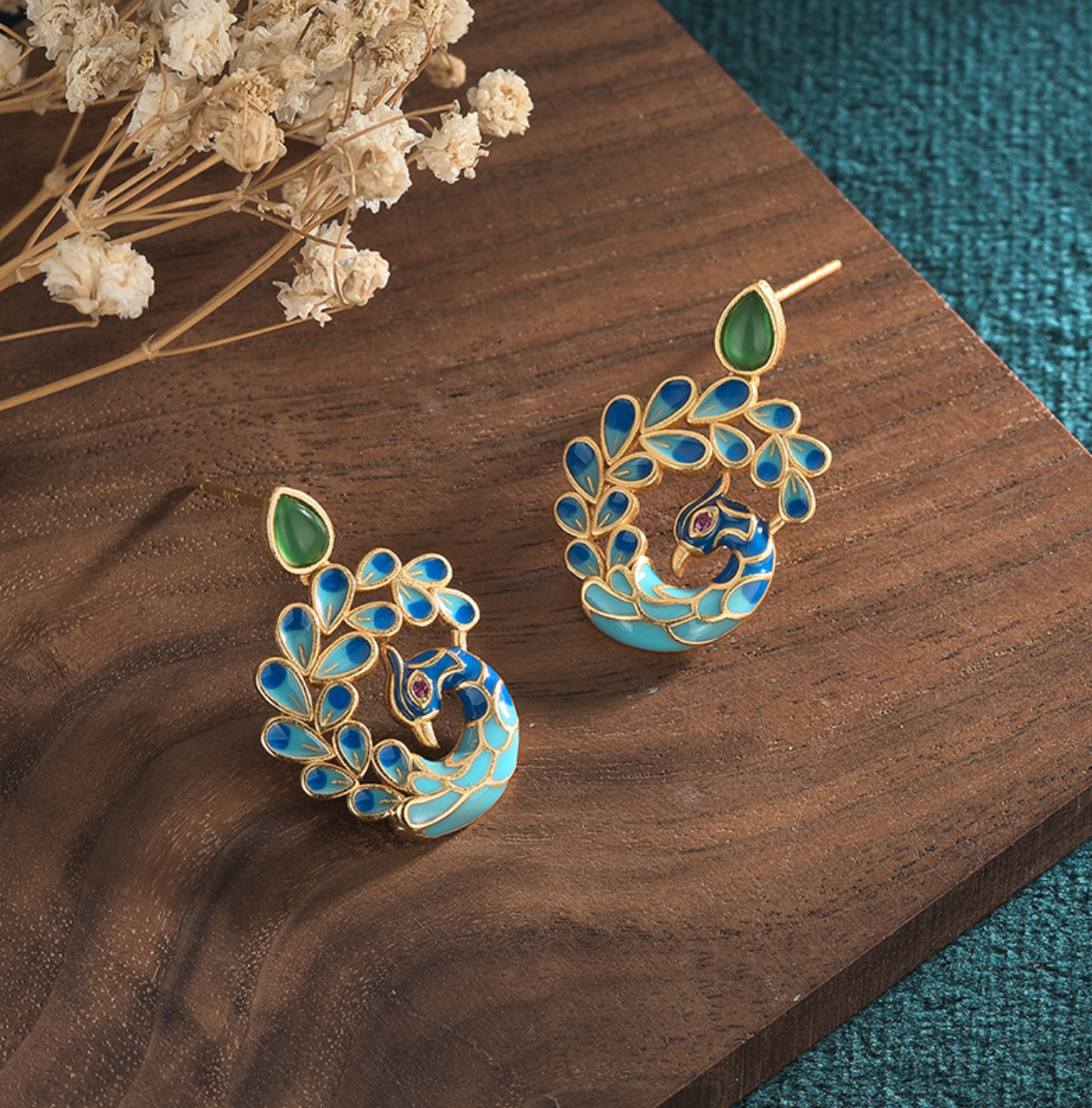 Jade Enamel Drop Dangle Earrings Boho Peacock Dainty Gemstone 18K Gold Plated